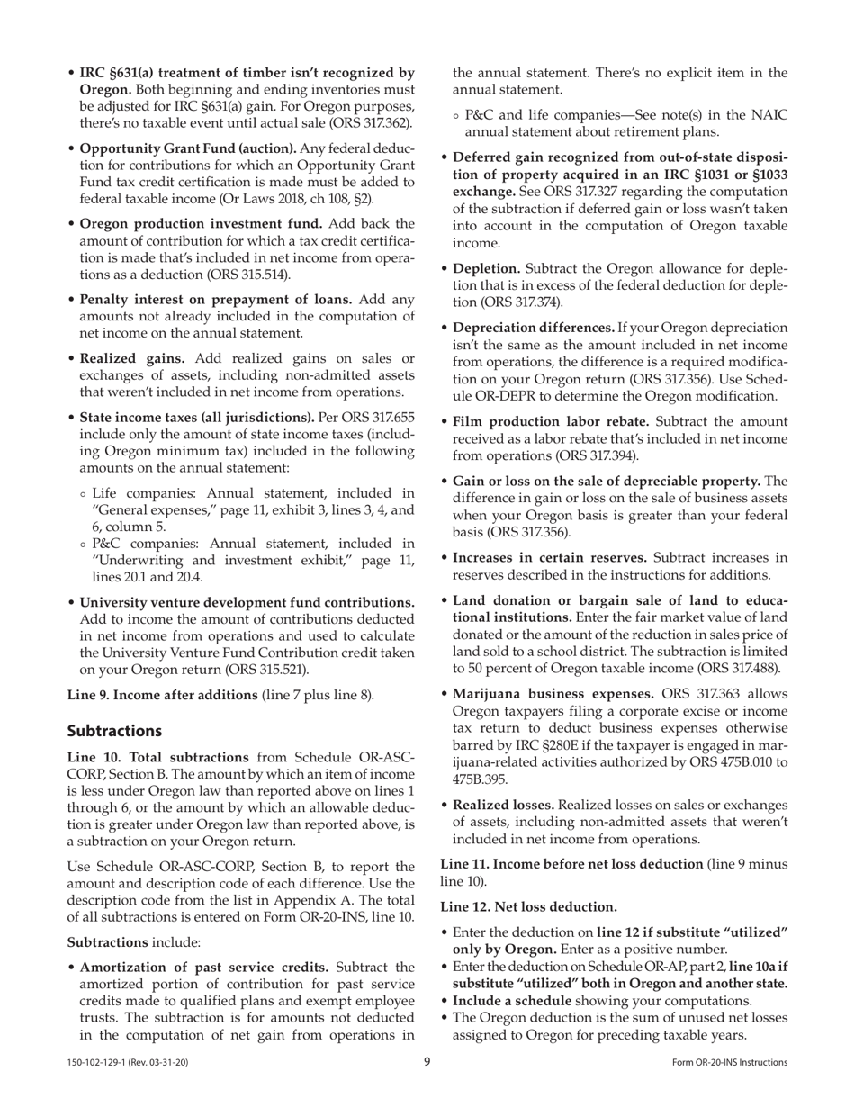 Instructions for Form OR-20-INS, 150-102-129 Oregon Insurance Excise Tax Return - Oregon, Page 9