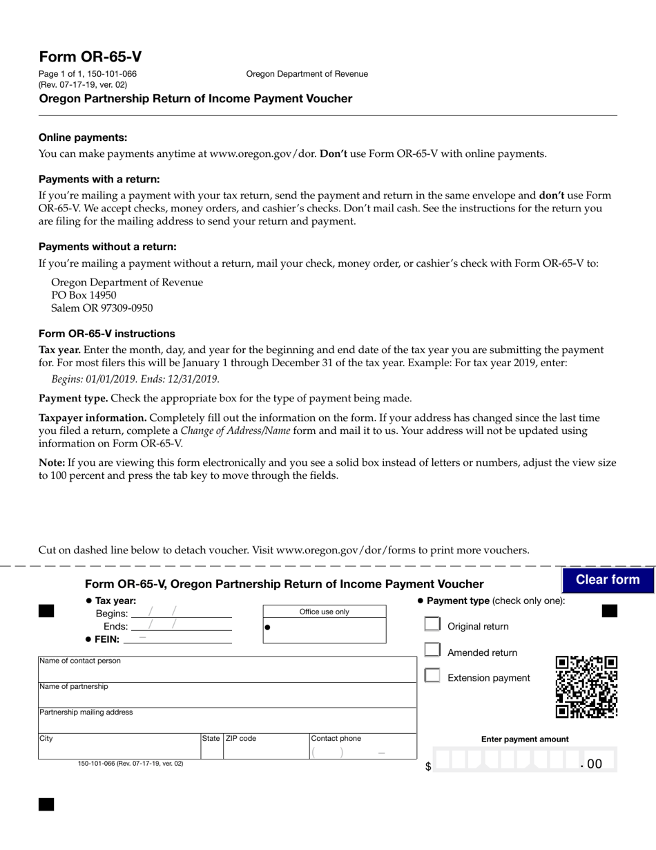Form OR-65-V Oregon Partnership Return of Income Payment Voucher - Oregon, Page 1