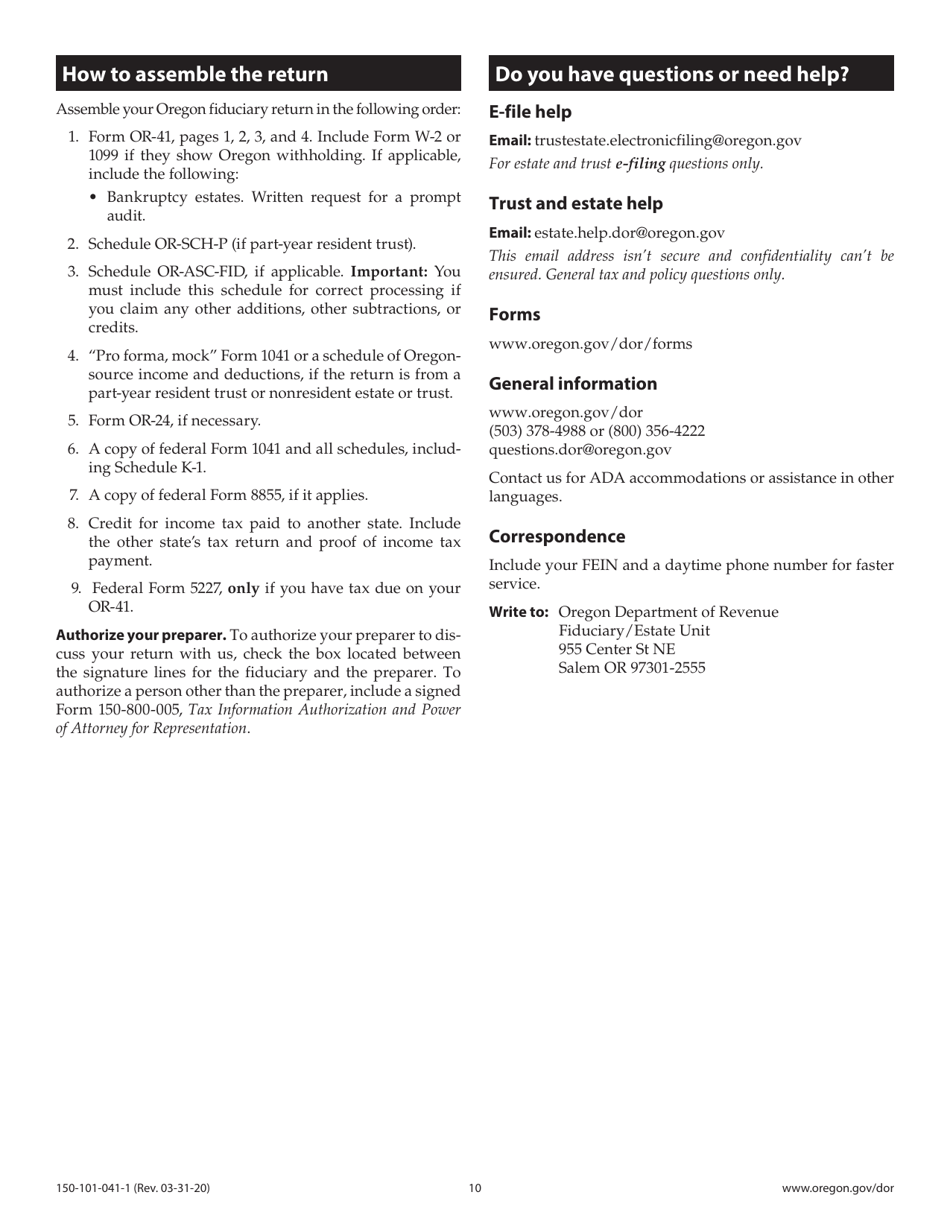 Instructions for Form OR-41, 150-101-041 Oregon Fiduciary Income Tax Return - Oregon, Page 10