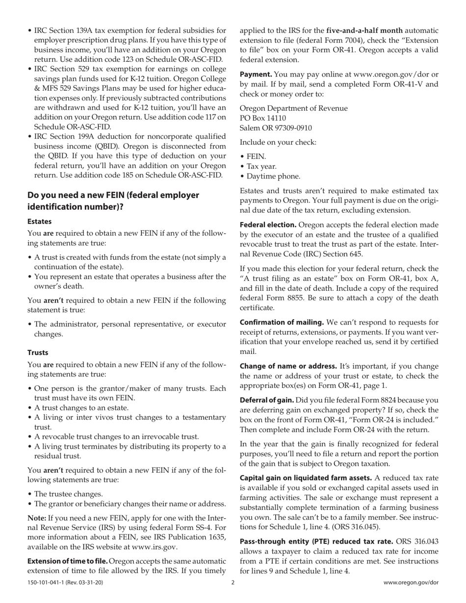 Instructions for Form OR-41, 150-101-041 Oregon Fiduciary Income Tax Return - Oregon, Page 2