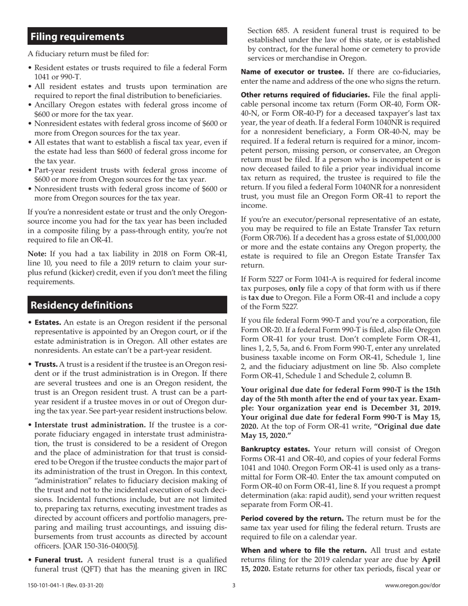 Instructions for Form OR-41, 150-101-041 Oregon Fiduciary Income Tax Return - Oregon, Page 3