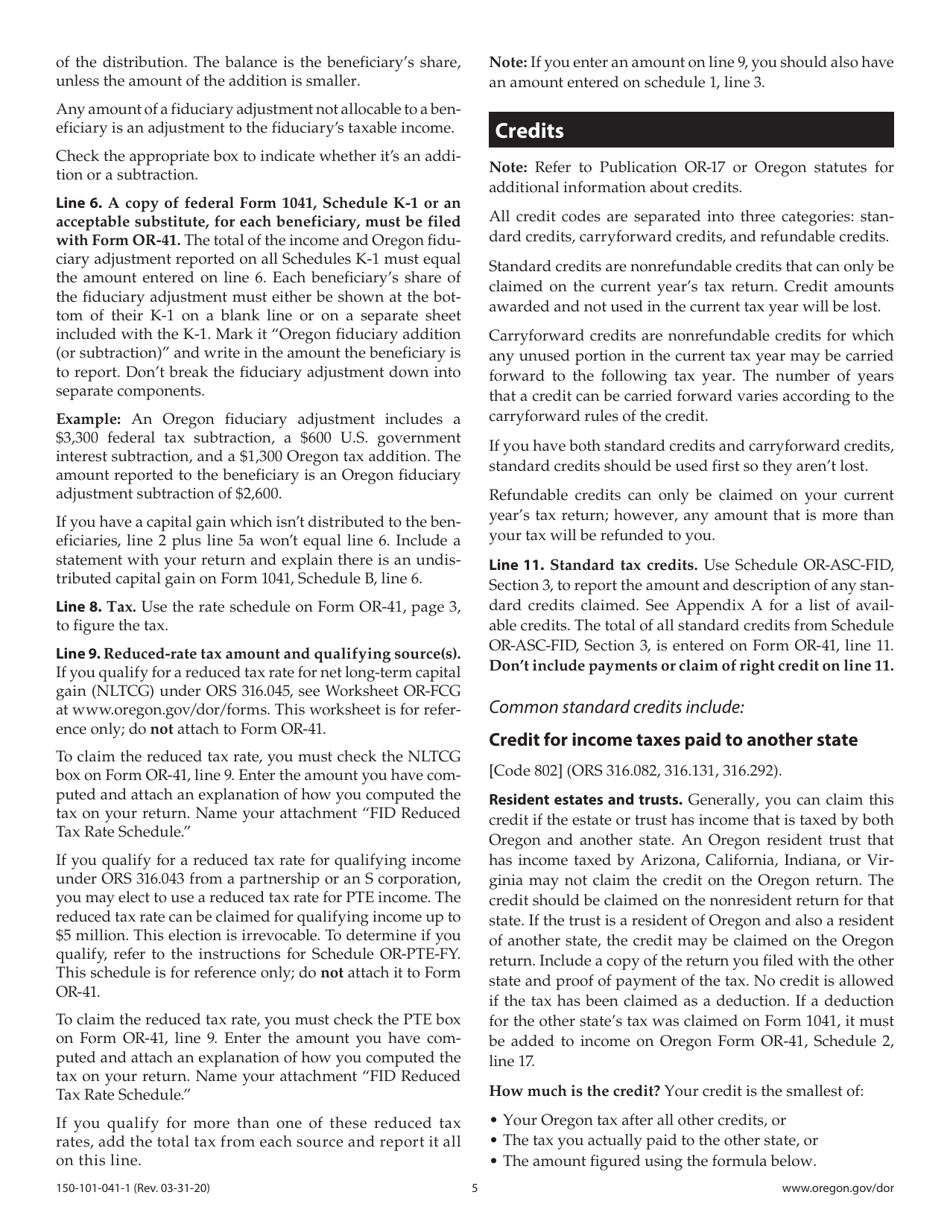 Instructions for Form OR-41, 150-101-041 Oregon Fiduciary Income Tax Return - Oregon, Page 5