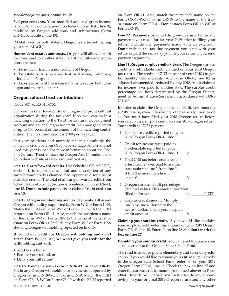 Instructions for Form OR-41, 150-101-041 Oregon Fiduciary Income Tax Return - Oregon, Page 6