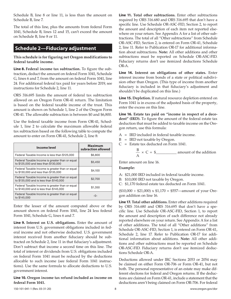 Instructions for Form OR-41, 150-101-041 Oregon Fiduciary Income Tax Return - Oregon, Page 8