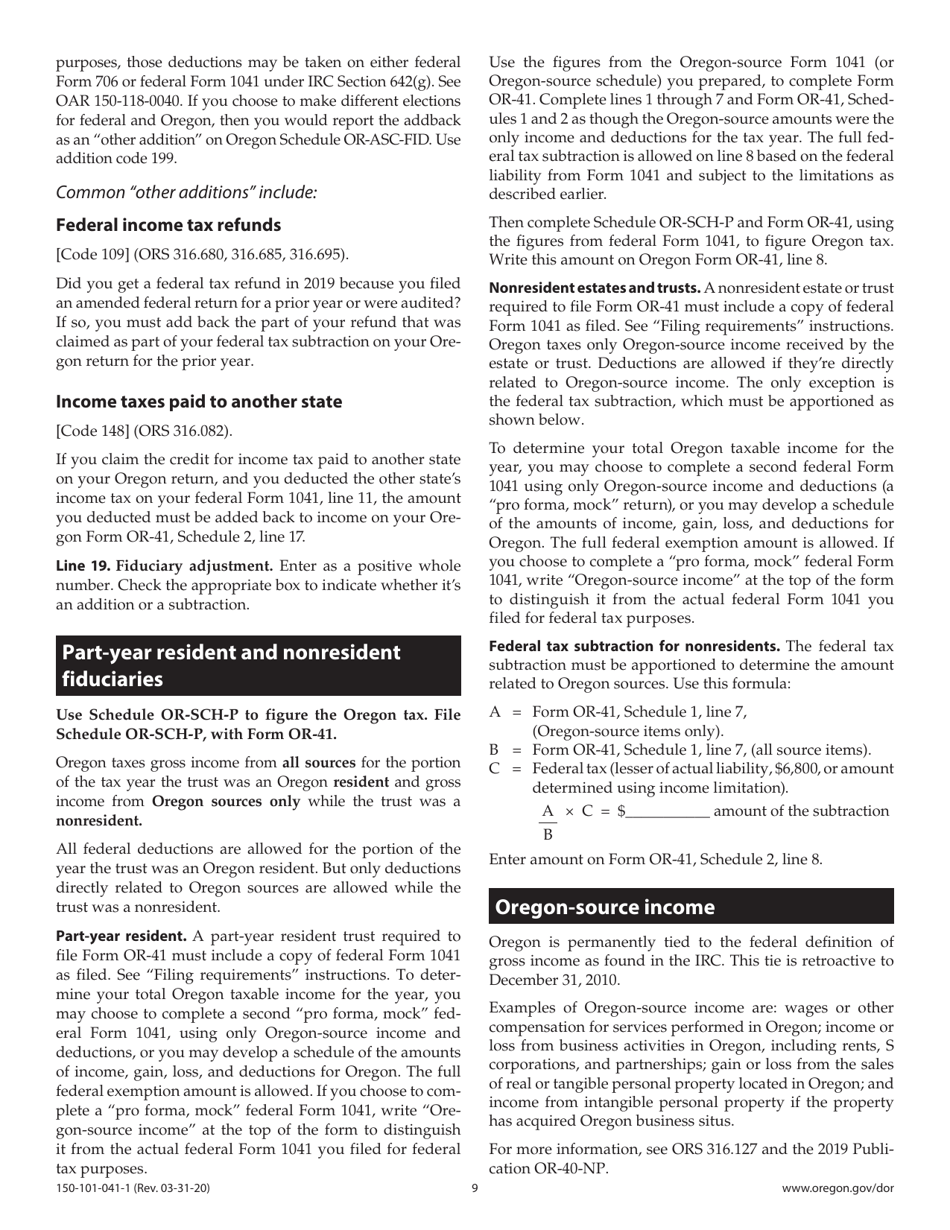 Instructions for Form OR-41, 150-101-041 Oregon Fiduciary Income Tax Return - Oregon, Page 9