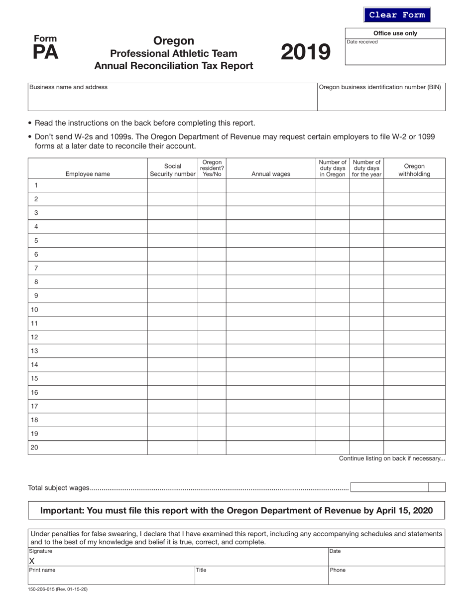 Form PA (150-206-015) Professional Athletic Team Annual Reconciliation Tax Report - Oregon, Page 1