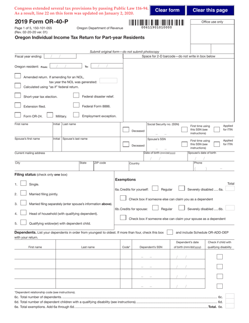 Form OR-40-P (150-101-055) 2019 Printable Pdf