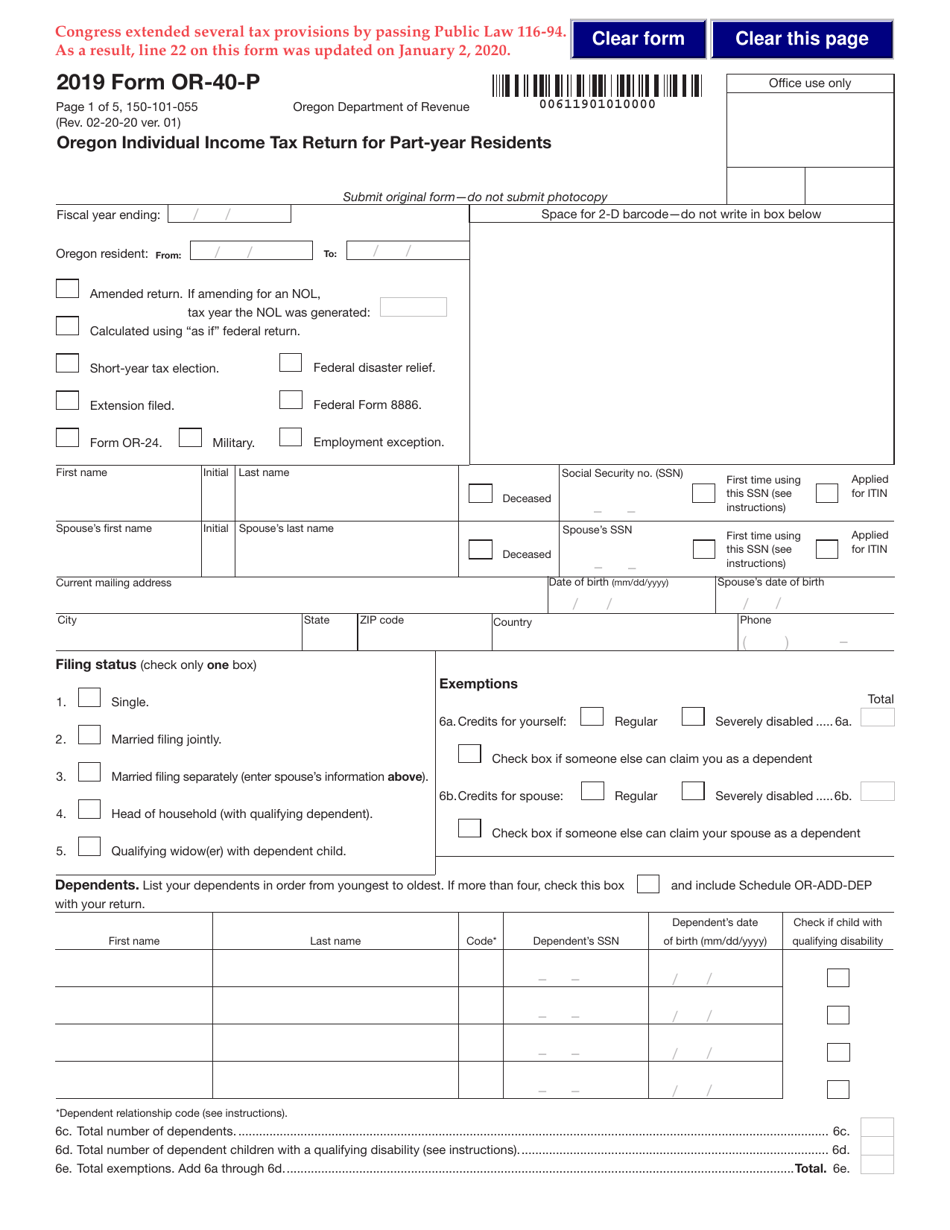 Form OR-40-P (150-101-055) Oregon Individual Income Tax Return for Part-Year Residents - Oregon, Page 1
