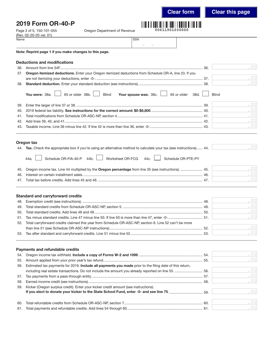 Form OR-40-P (150-101-055) Oregon Individual Income Tax Return for Part-Year Residents - Oregon, Page 3