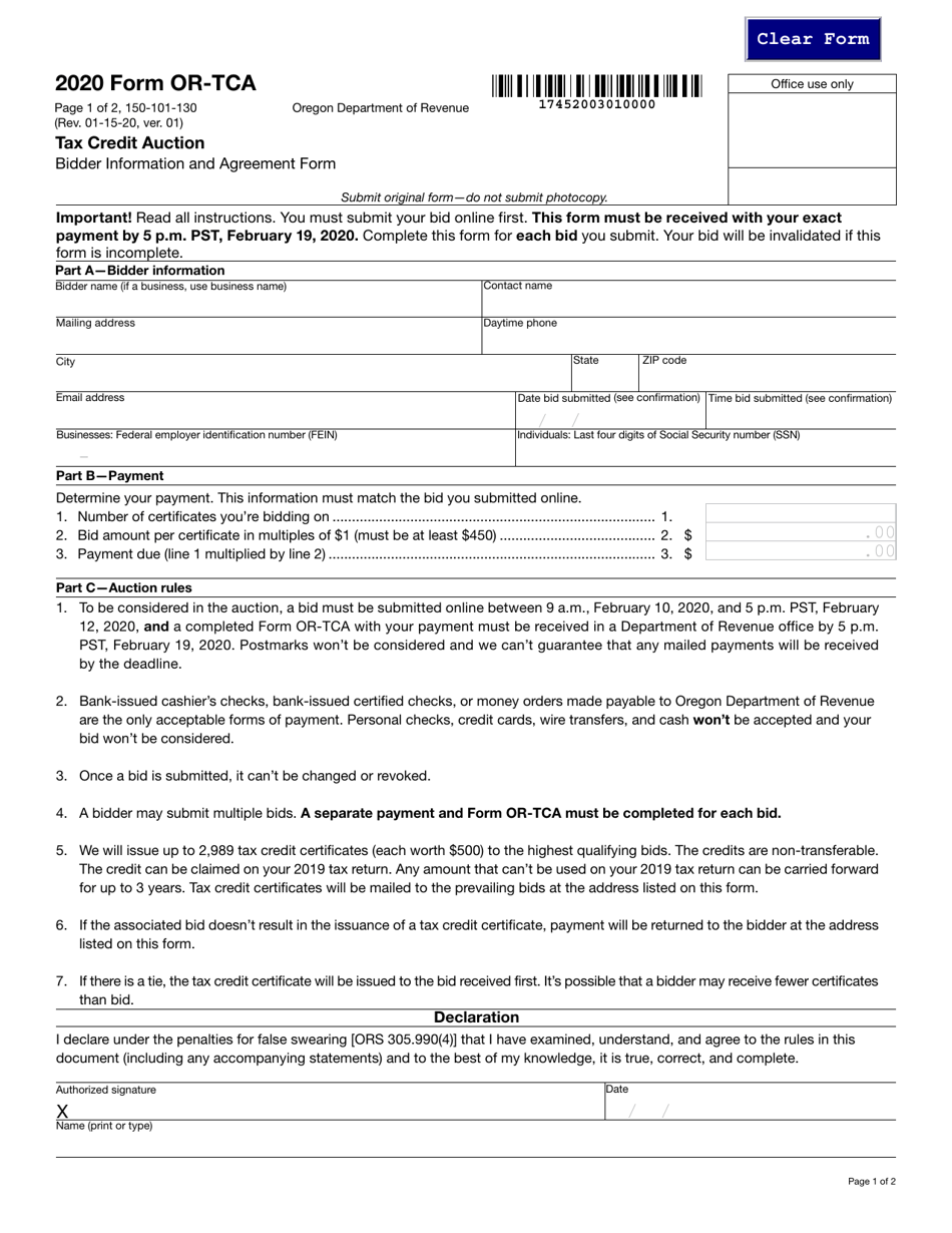 Form OR-TCA (150-101-130) Tax Credit Auction Bidder Information and Agreement Form - Oregon, Page 1
