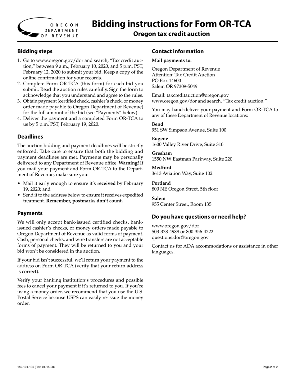 Form OR-TCA (150-101-130) Tax Credit Auction Bidder Information and Agreement Form - Oregon, Page 2