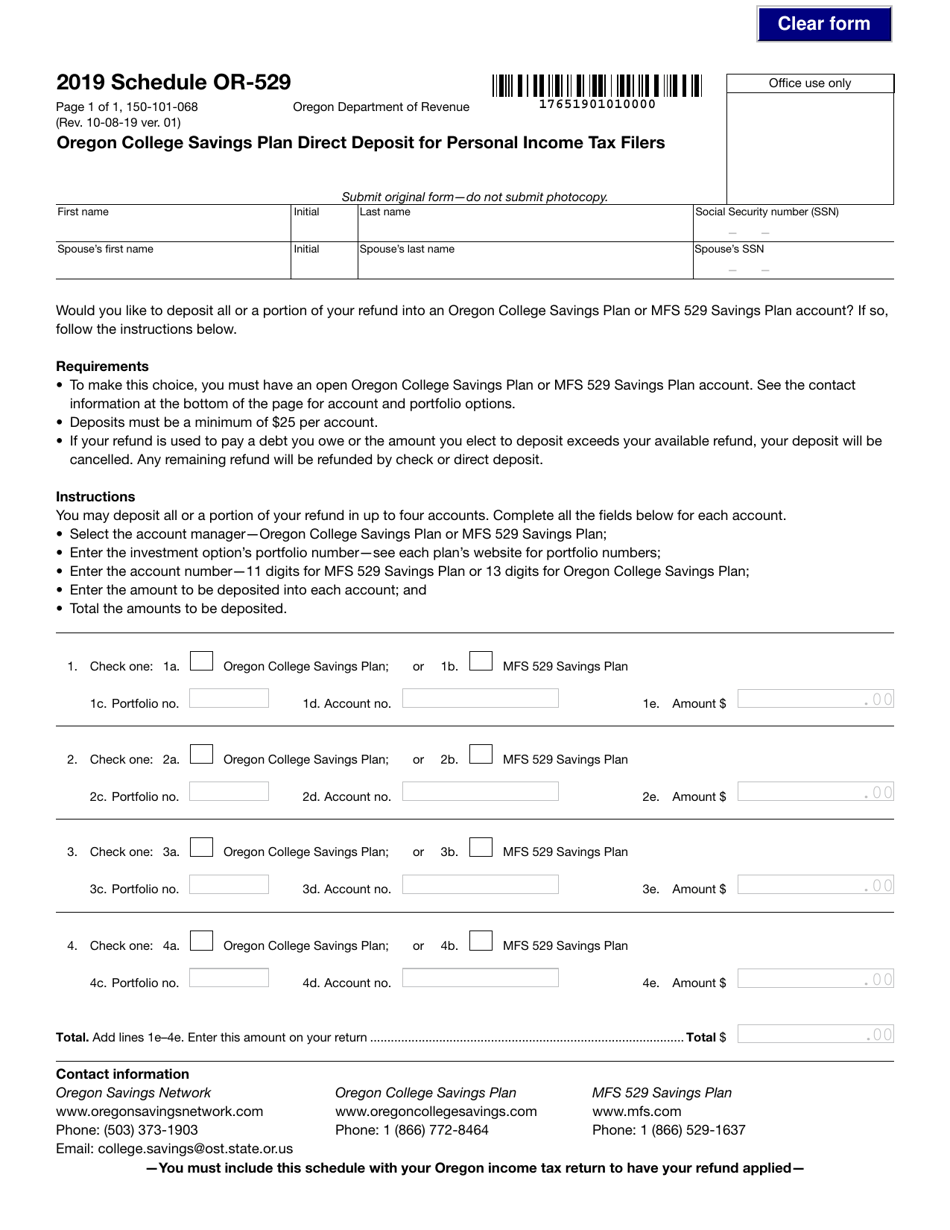 Form 150-101-068 Schedule OR-529 Oregon College Savings Plan Direct Deposit for Personal Income Tax Filers - Oregon, Page 1