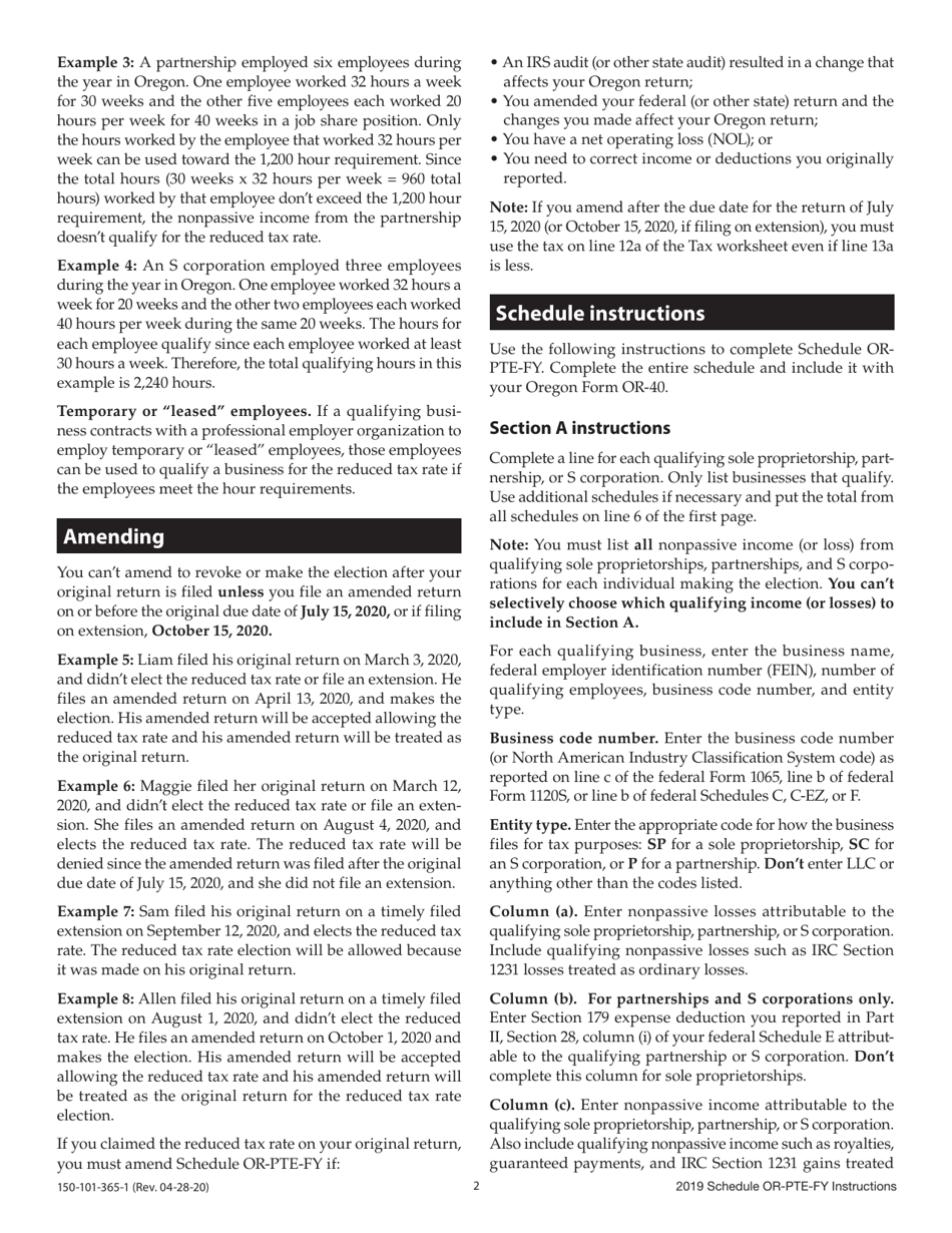 Instructions for Form 150-101-365 Schedule OR-PTE-FY Qualified Business Income Reduced Tax Rate Schedule for Oregon Full-Year Residents - Oregon, Page 2