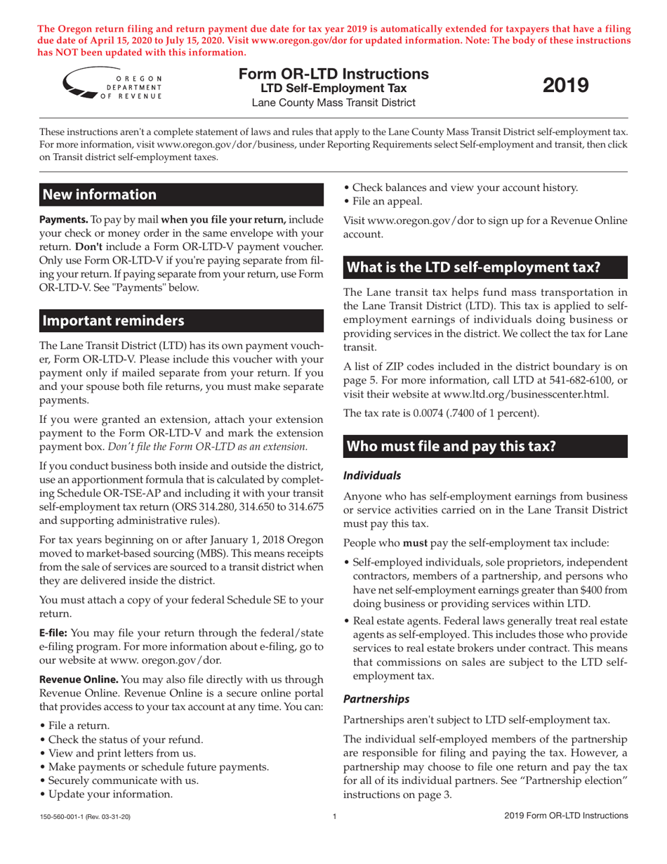 Instructions for Form OR-LTD, 150-560-001 Lane Transit District Self-employment Tax - Oregon, Page 1