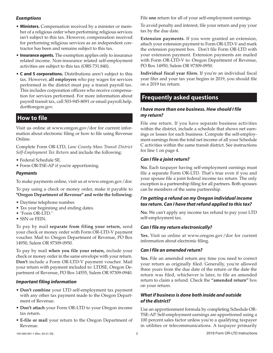 Instructions for Form OR-LTD, 150-560-001 Lane Transit District Self-employment Tax - Oregon, Page 2