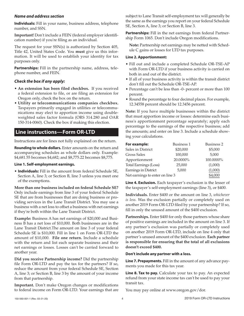Instructions for Form OR-LTD, 150-560-001 Lane Transit District Self-employment Tax - Oregon, Page 4