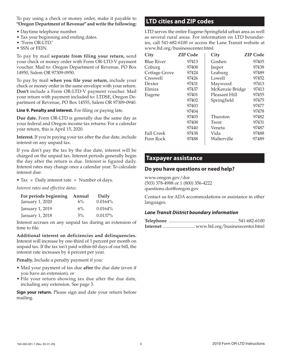 Instructions for Form OR-LTD, 150-560-001 Lane Transit District Self-employment Tax - Oregon, Page 5