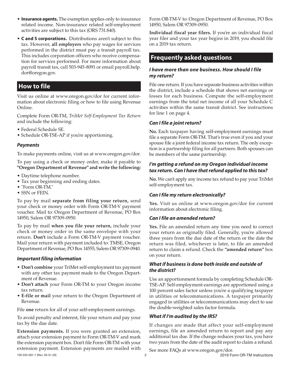 Instructions for Form OR-TM, 150-555-001 Tri-County Metropolitan Transportation District Self-employment Tax - Oregon, Page 2