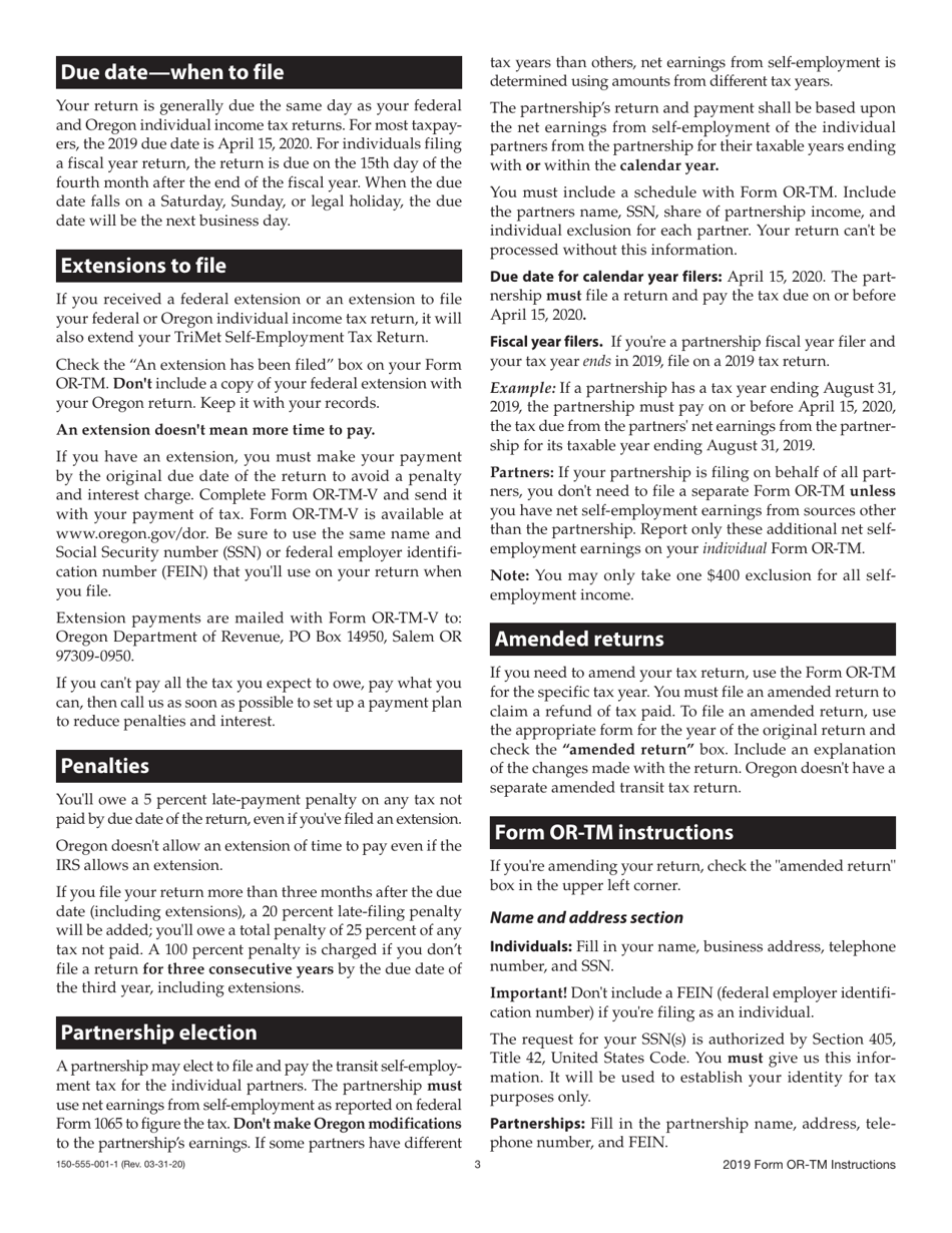 Instructions for Form OR-TM, 150-555-001 Tri-County Metropolitan Transportation District Self-employment Tax - Oregon, Page 3