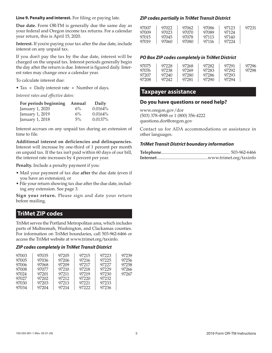 Instructions for Form OR-TM, 150-555-001 Tri-County Metropolitan Transportation District Self-employment Tax - Oregon, Page 5
