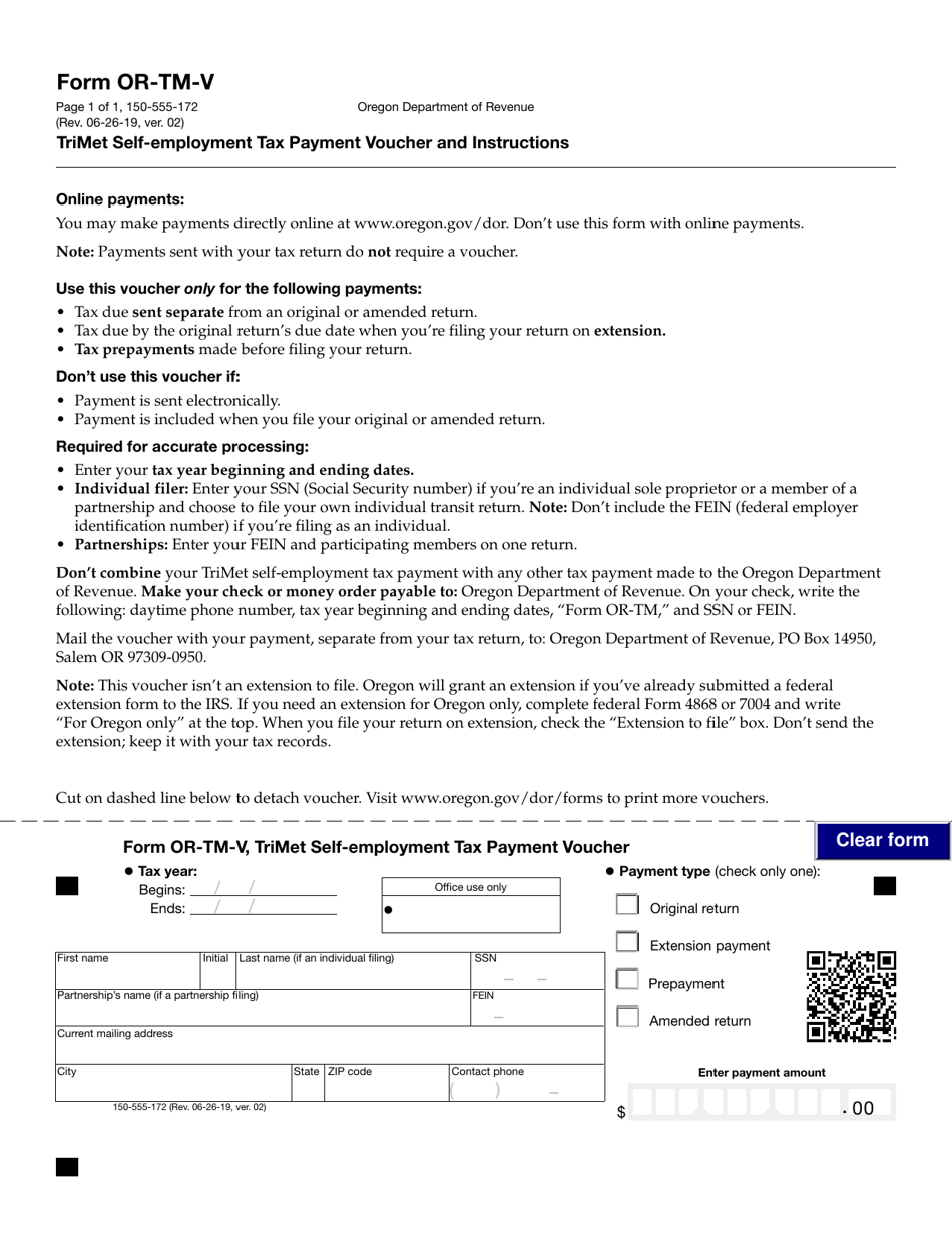 Form OR-TM-V (150-555-172) Trimet Self-employment Tax Payment Voucher - Oregon, Page 1