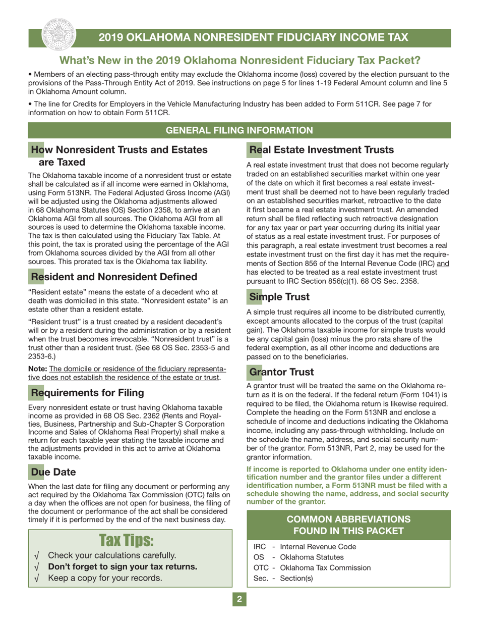 Form 513NR Oklahoma Nonresident Fiduciary Return of Income - Oklahoma, Page 2