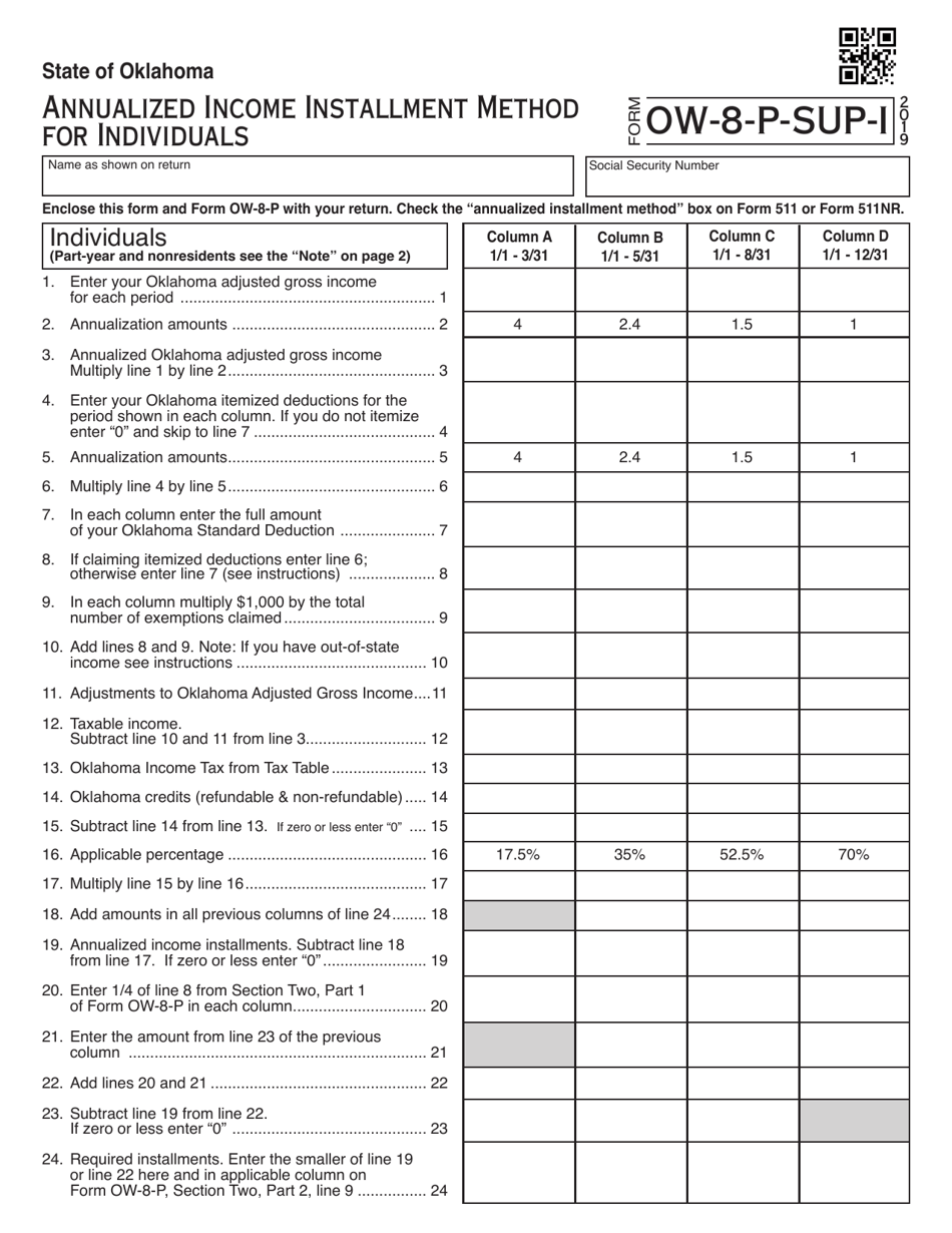 Form OW-8-P-SUP-I Annualized Income Installment Method for Individuals - Oklahoma, Page 1