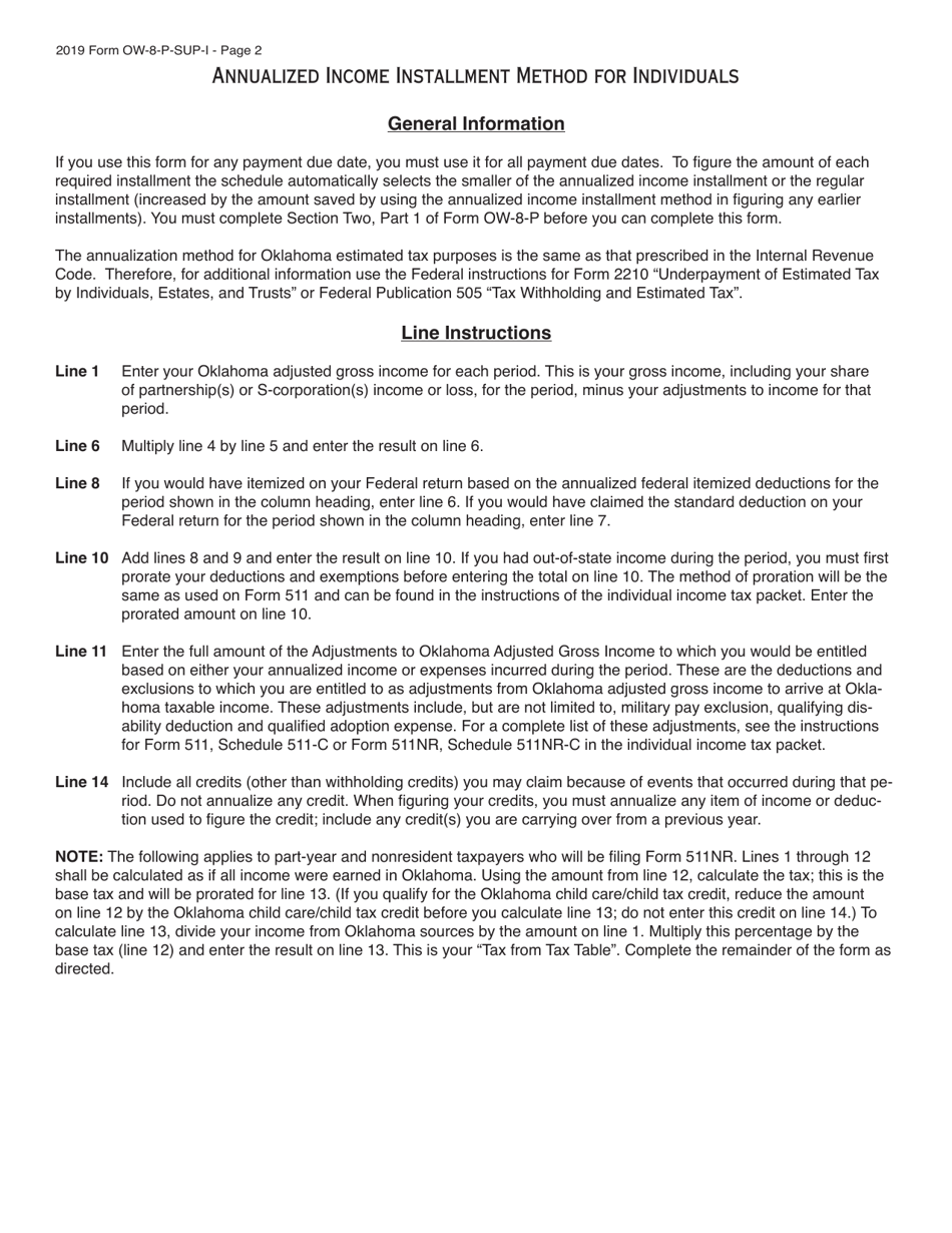 Form OW-8-P-SUP-I Annualized Income Installment Method for Individuals - Oklahoma, Page 2