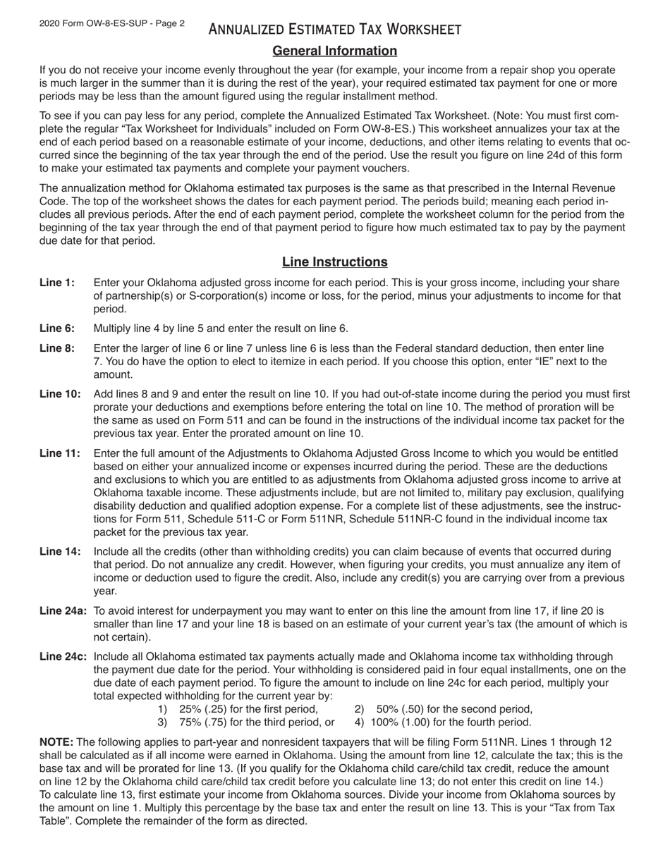 Form OW-8-ES-SUP Annualized Estimated Tax Worksheet - Oklahoma, Page 2