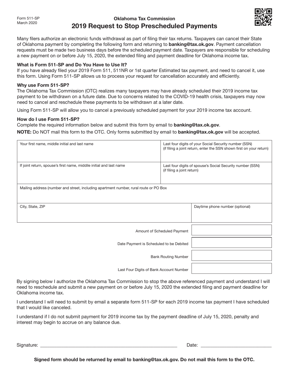 Form 511-SP Request to Stop Prescheduled Payments - Oklahoma, Page 1