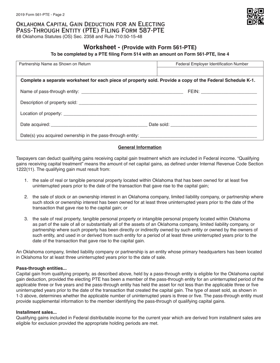 Form 561-PTE Oklahoma Capital Gain Deduction for an Electing Pass-Through Entity (Pte) Filing Form 587-pte - Oklahoma, Page 2