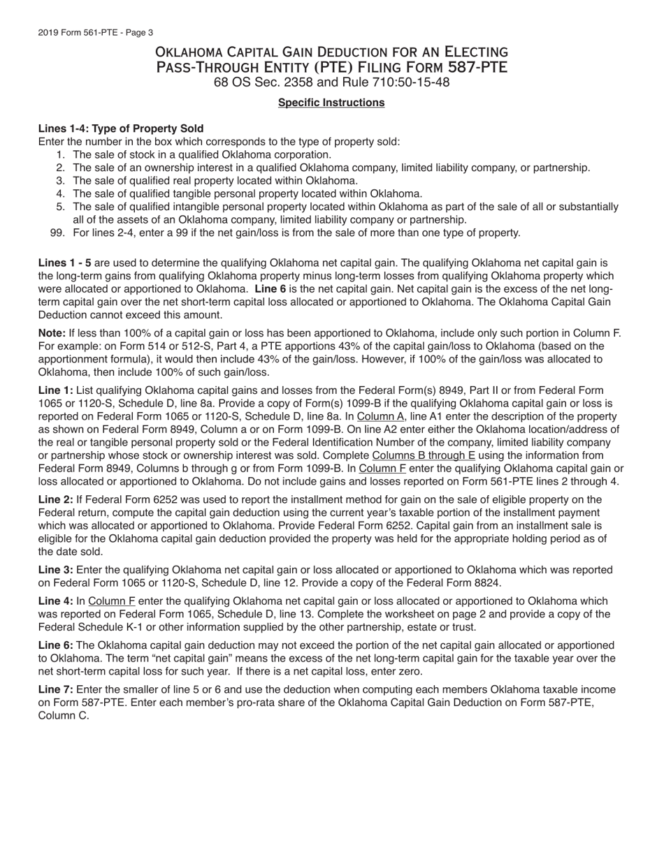 Form 561-PTE Oklahoma Capital Gain Deduction for an Electing Pass-Through Entity (Pte) Filing Form 587-pte - Oklahoma, Page 3