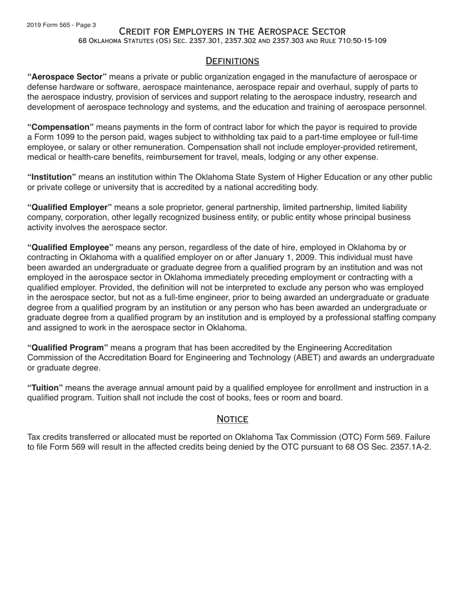 Form 565 Credits for Employers in the Aerospace Sector - Oklahoma, Page 3