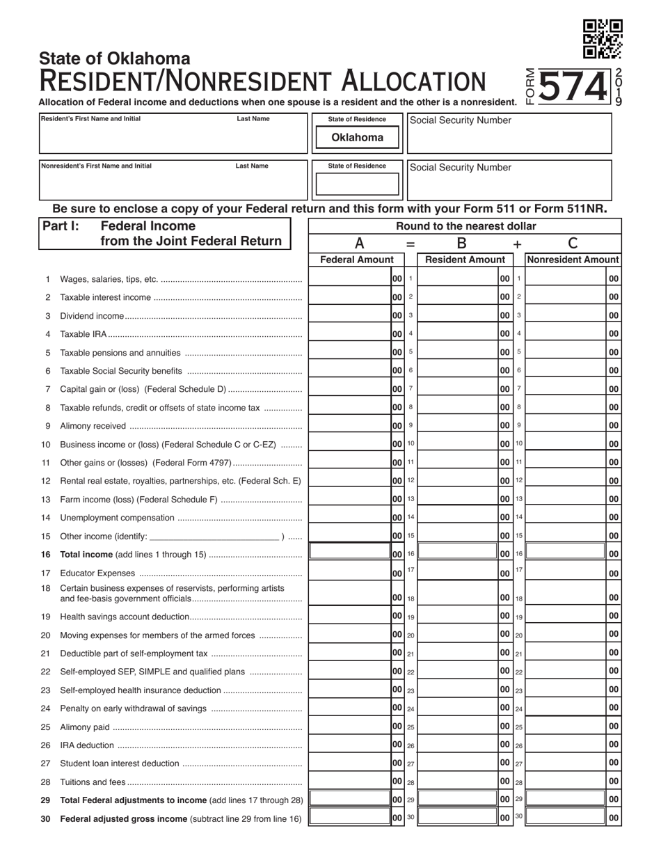 Form 574 Resident / Nonresident Allocation - Oklahoma, Page 1