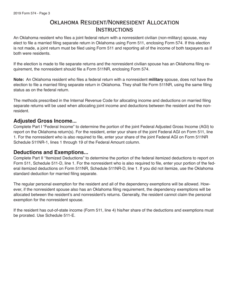 Form 574 Resident / Nonresident Allocation - Oklahoma, Page 3