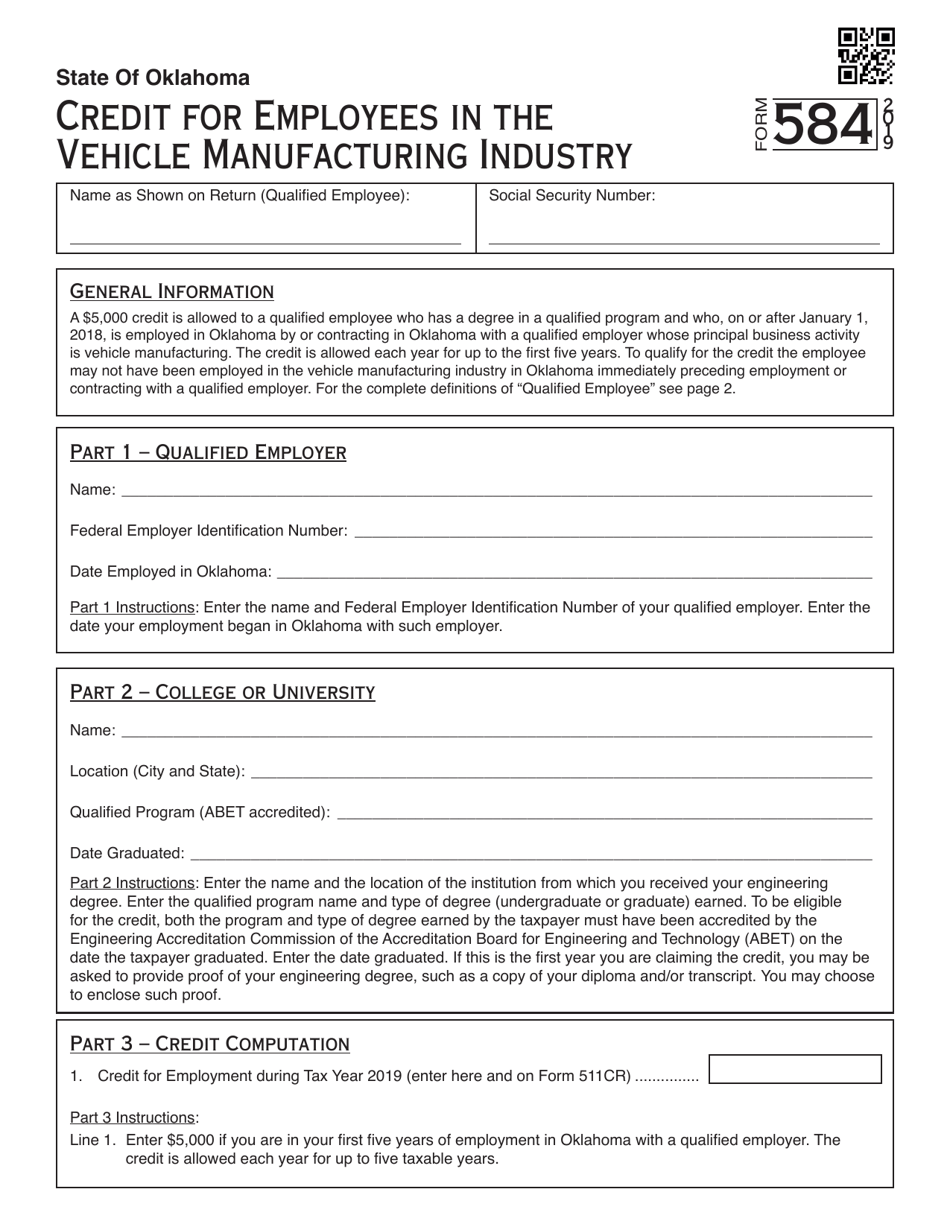 Form 584 Credit for Employees in the Vehicle Manufacturing Industry - Oklahoma, Page 1
