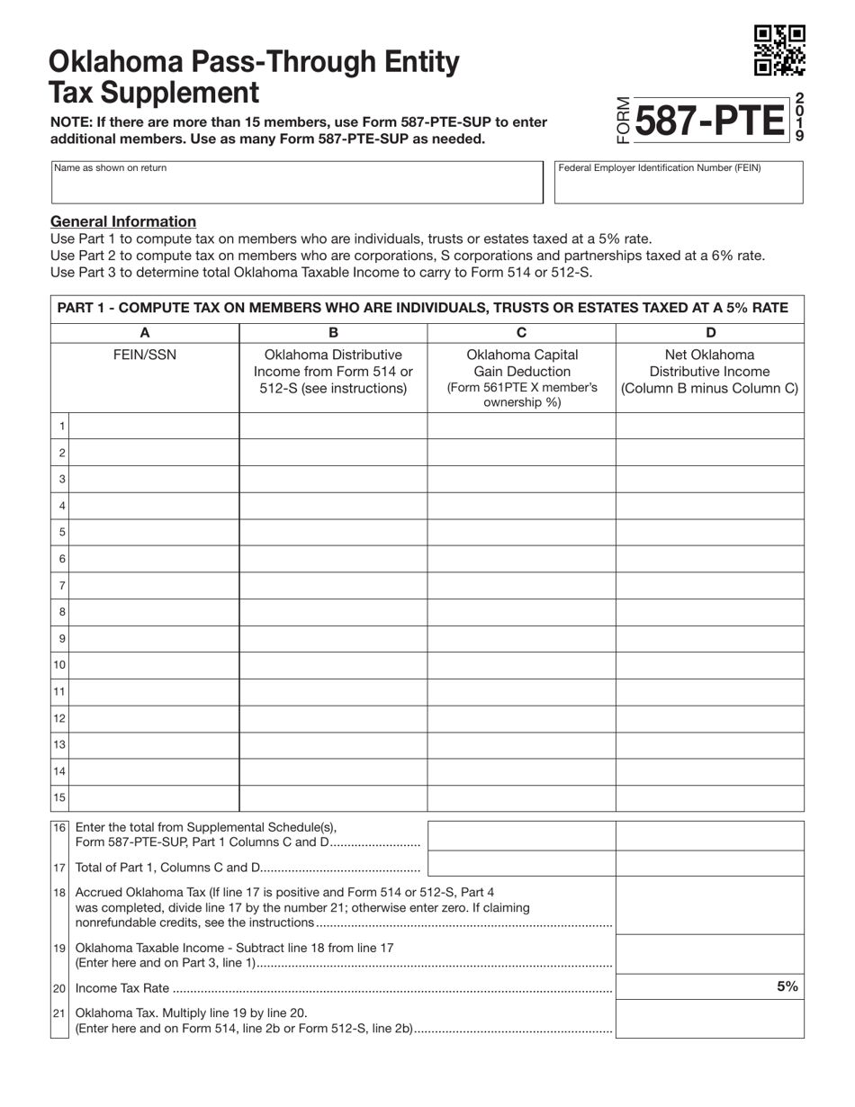 Form 587-PTE Oklahoma Pass-Through Entity Tax Supplement - Oklahoma, Page 1