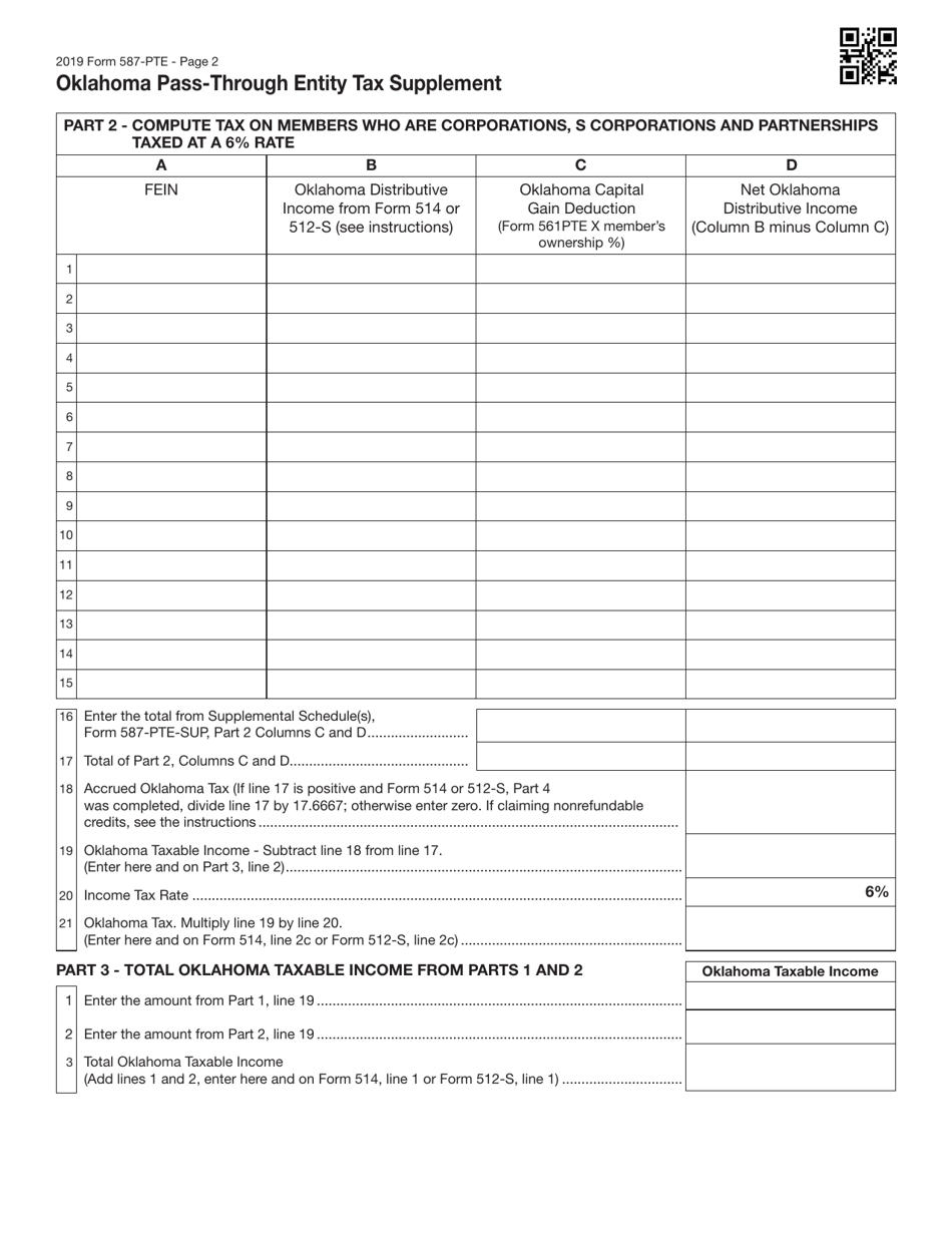 Form 587-PTE Oklahoma Pass-Through Entity Tax Supplement - Oklahoma, Page 2