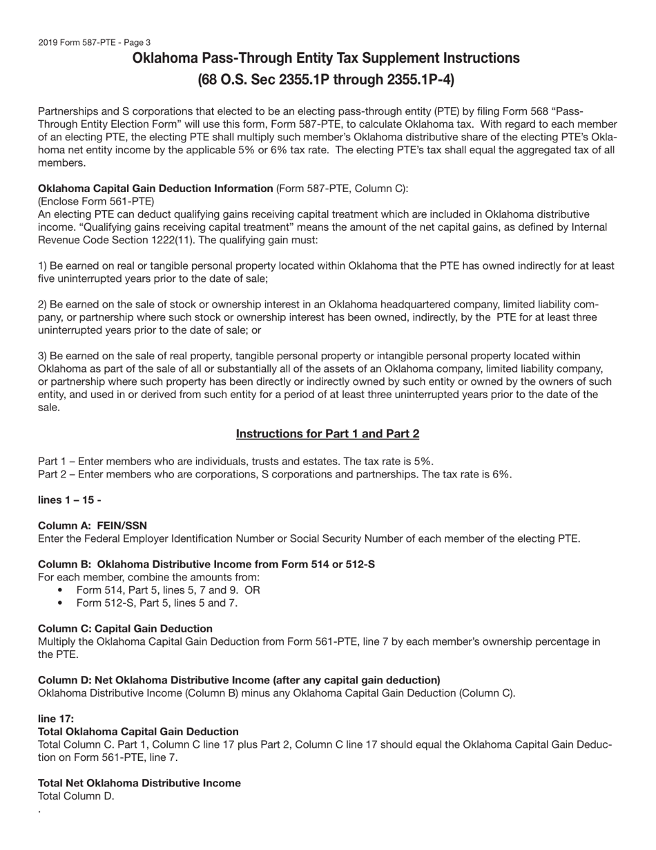 Form 587-PTE Oklahoma Pass-Through Entity Tax Supplement - Oklahoma, Page 3