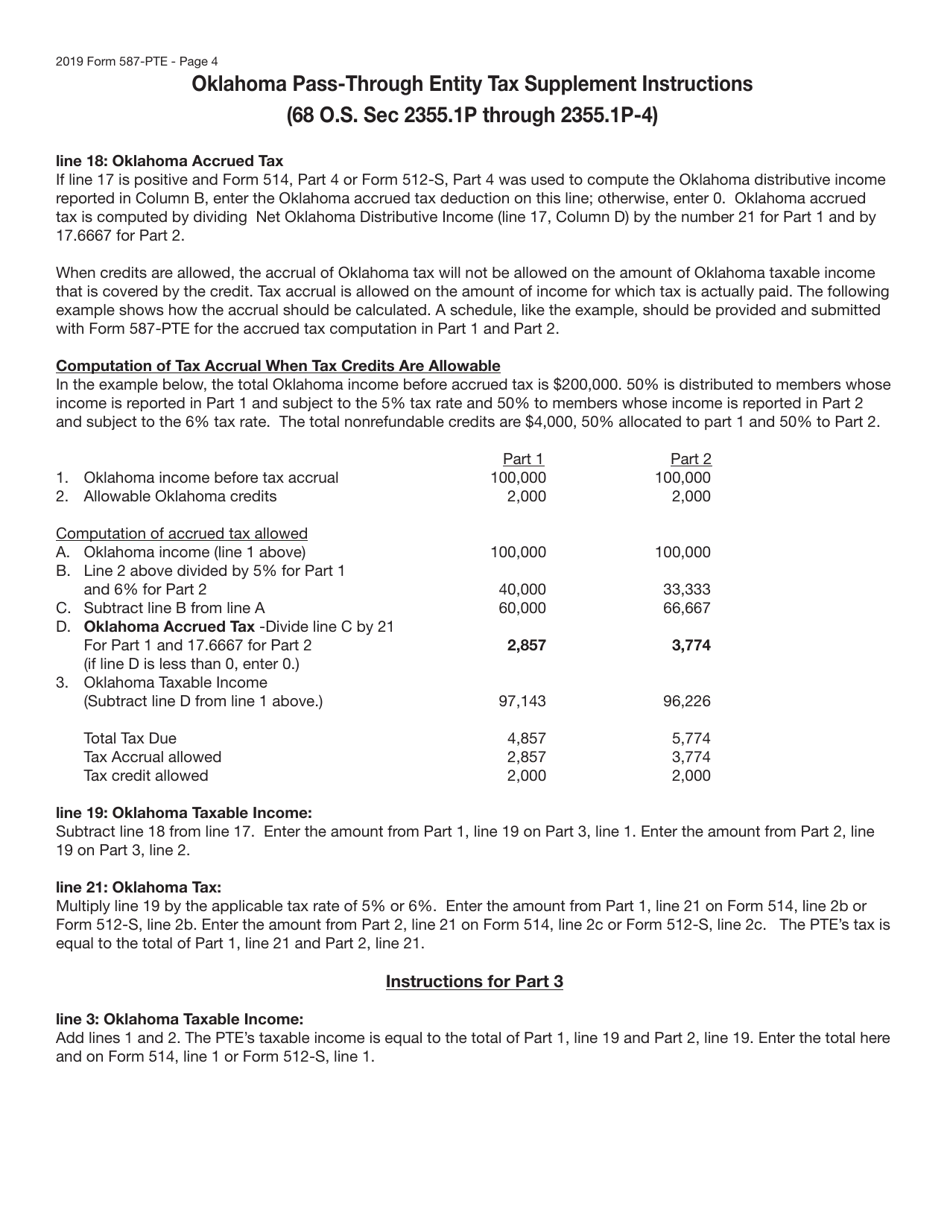 Form 587-PTE Oklahoma Pass-Through Entity Tax Supplement - Oklahoma, Page 4