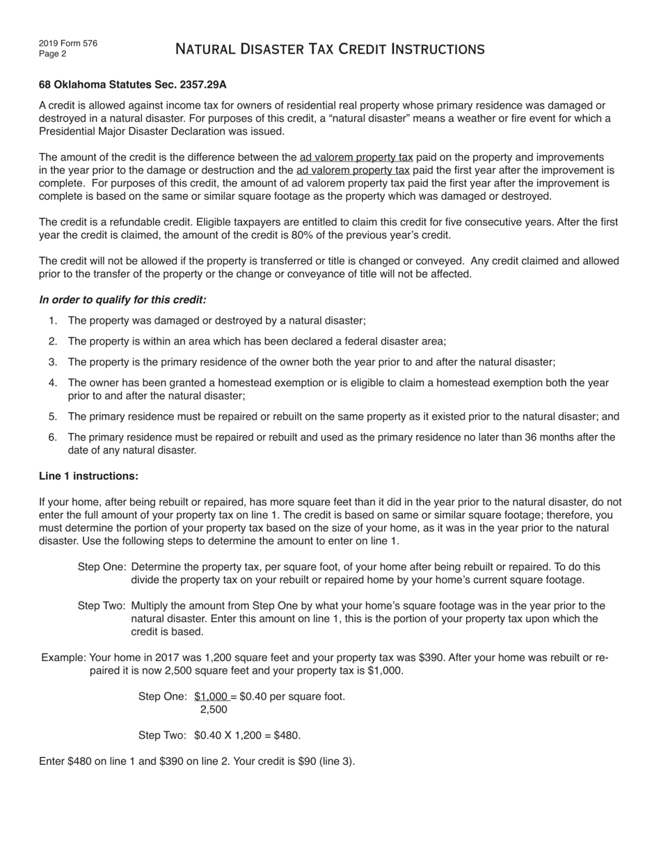 Form 576 Natural Disaster Tax Credit - Oklahoma, Page 2
