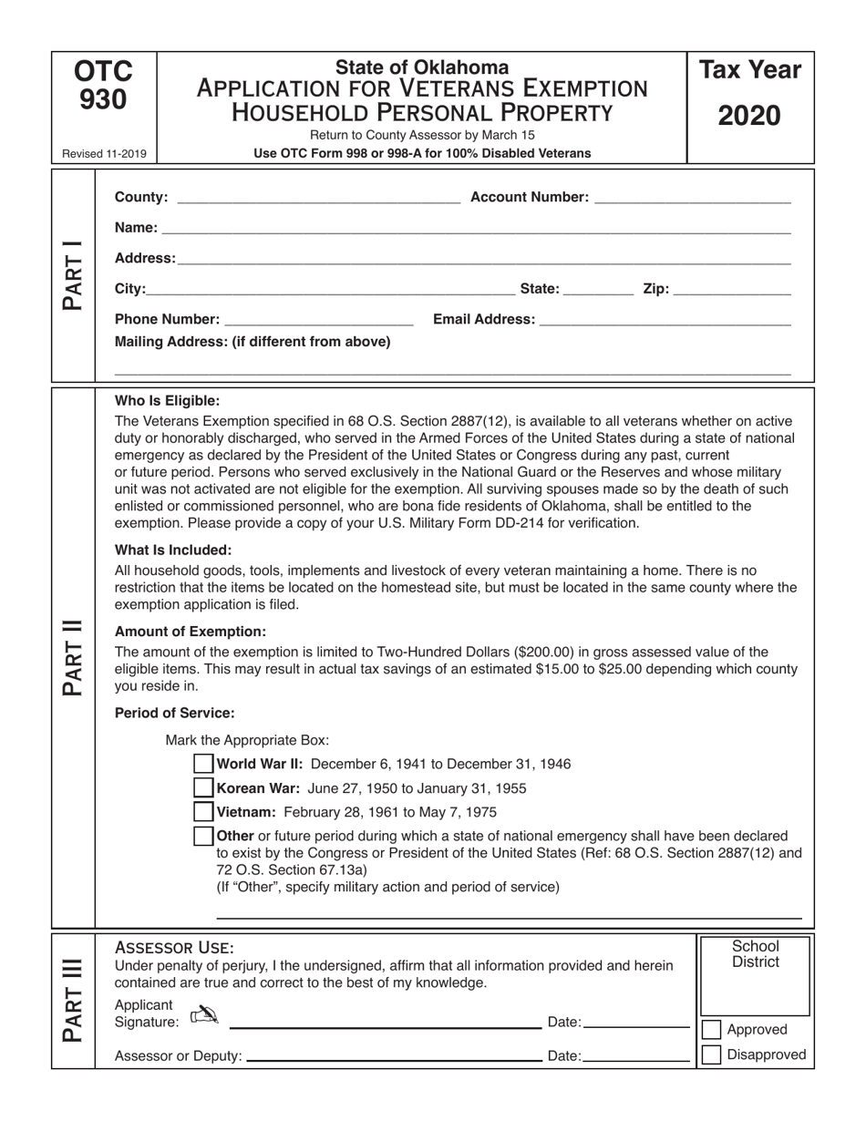OTC Form 930 Application for Veterans Exemption Household Personal Property - Oklahoma, Page 1