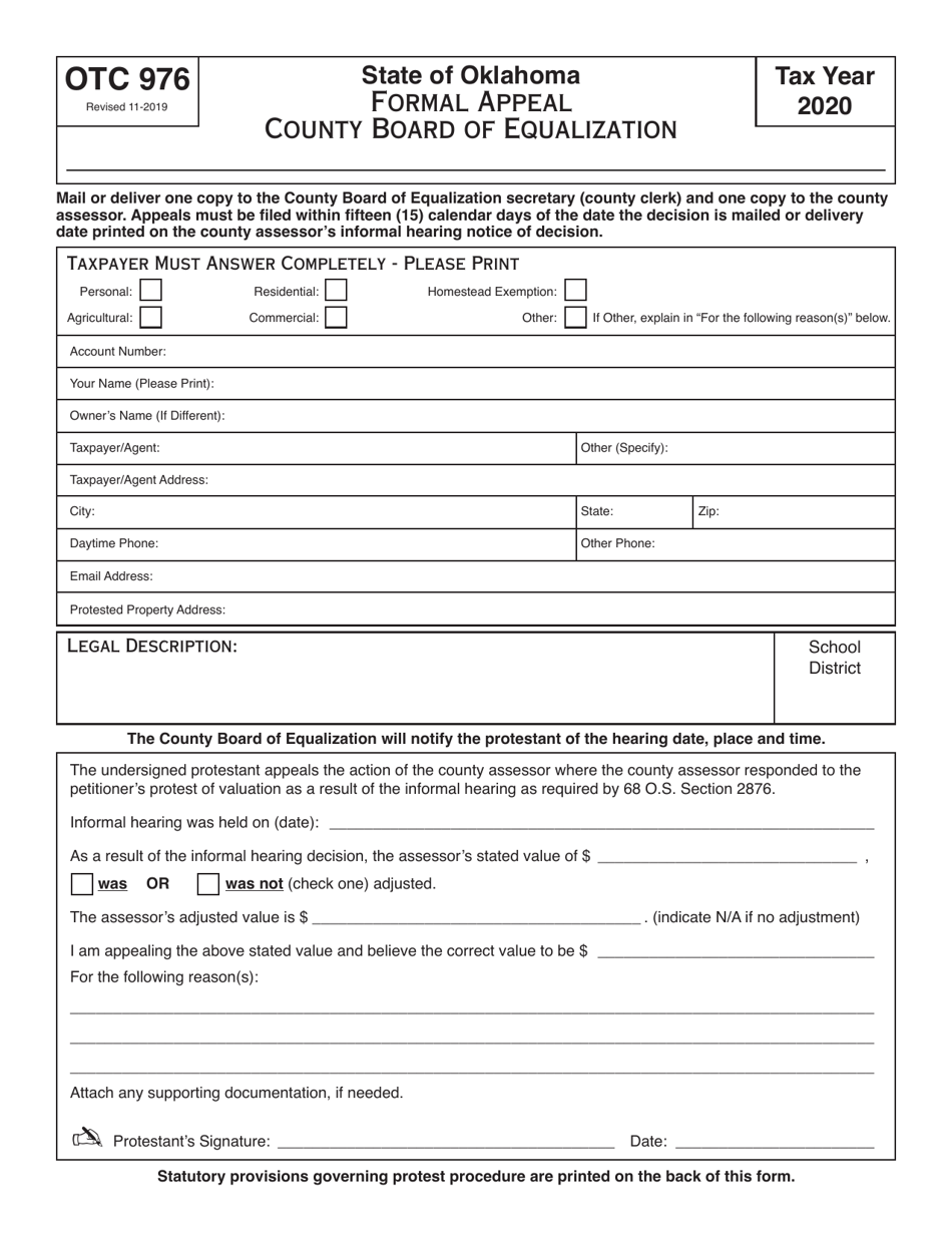 OTC Form 976 Formal Appeal - County Board of Equalization - Oklahoma, Page 1