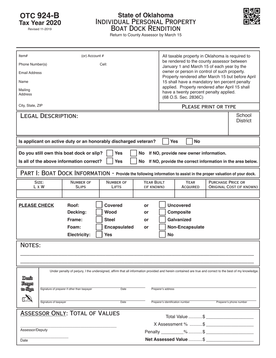 OTC Form 924-B Individual Personal Property Boat Dock Rendition - Oklahoma, Page 1