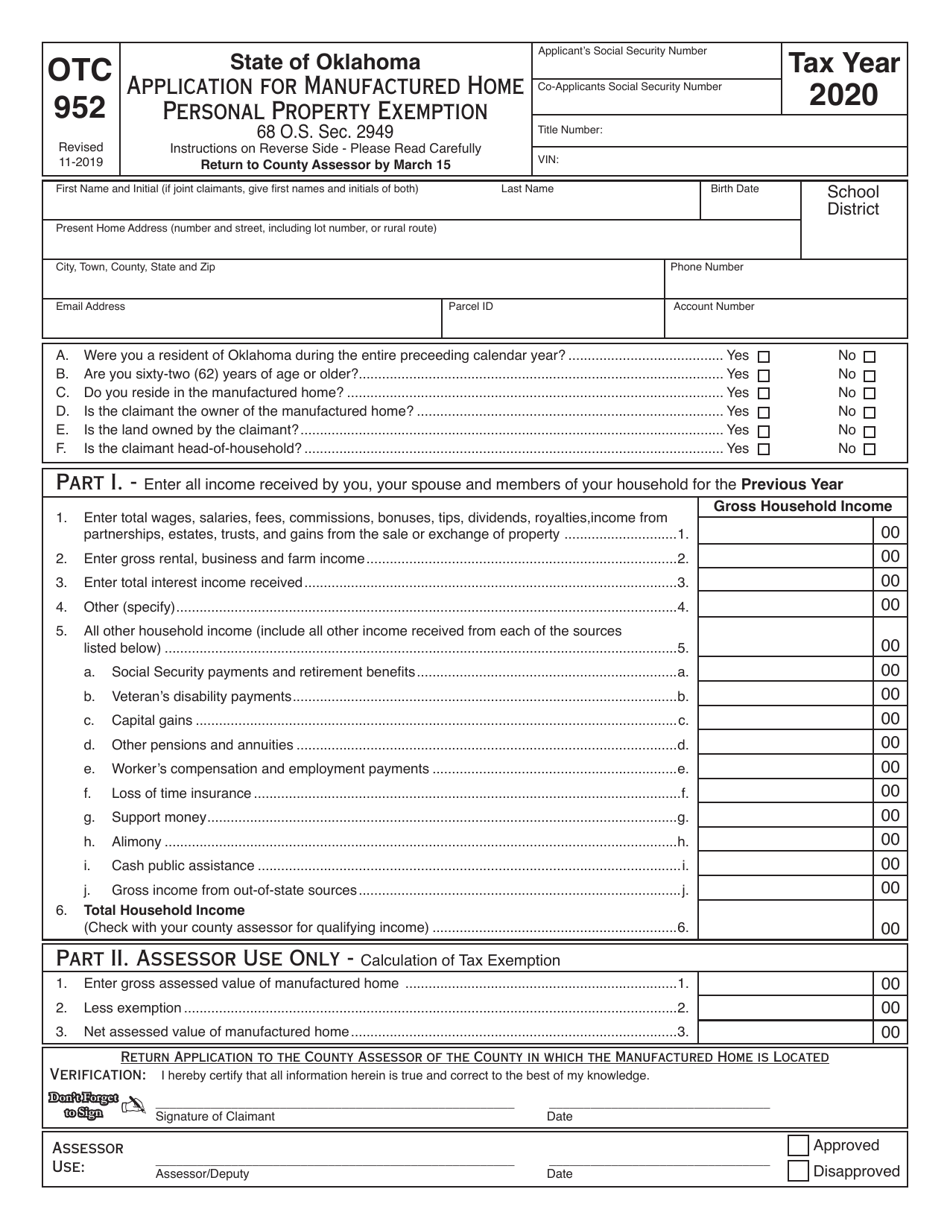OTC Form 952 Application for Manufactured Home Personal Property Exemption - Oklahoma, Page 1
