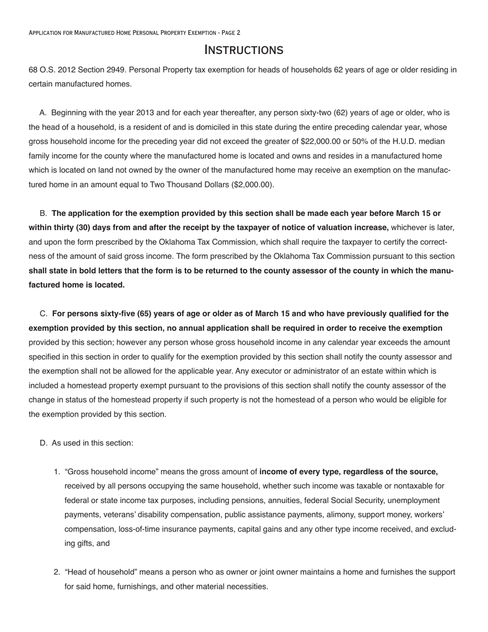 OTC Form 952 Application for Manufactured Home Personal Property Exemption - Oklahoma, Page 2