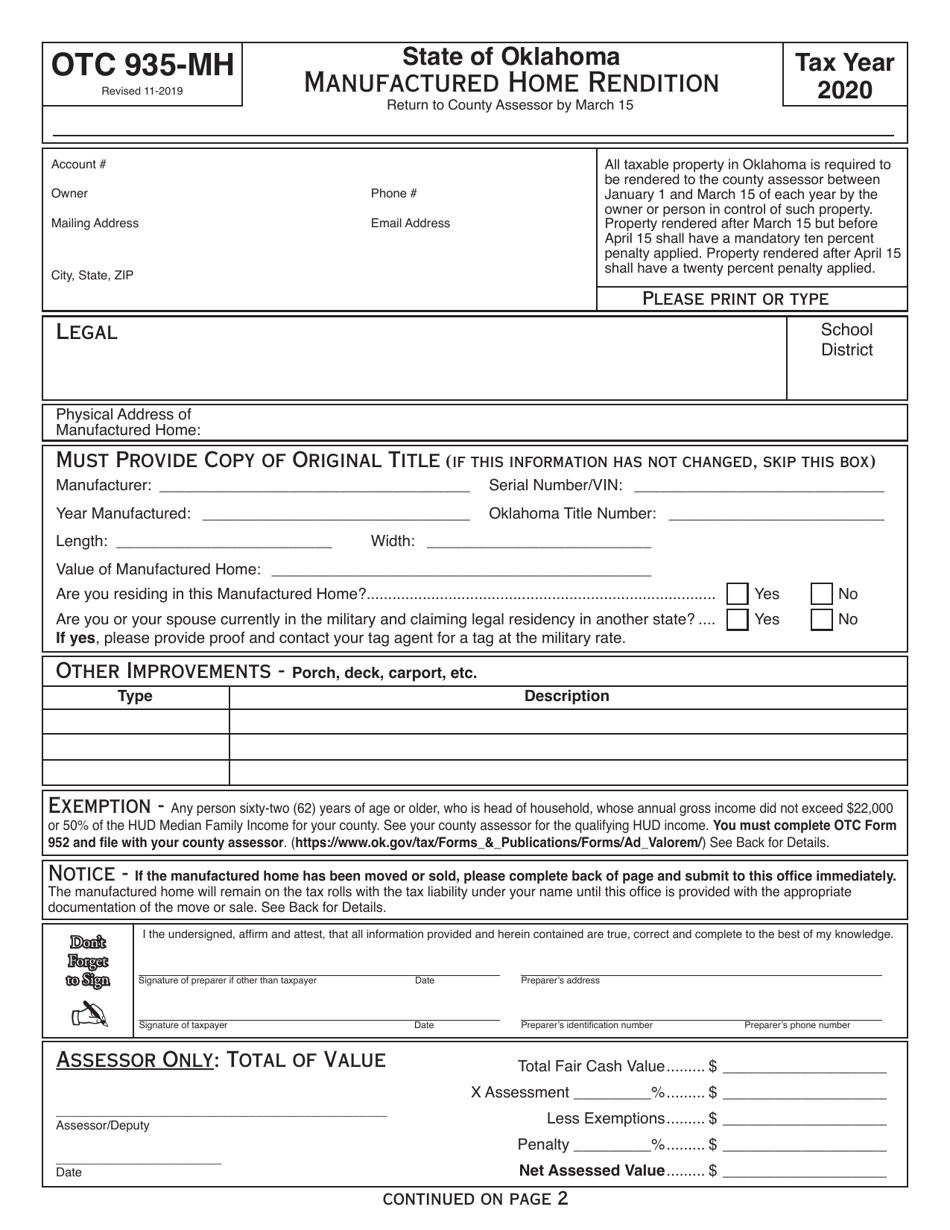 OTC Form 935-MH - 2020 - Fill Out, Sign Online and Download Fillable ...