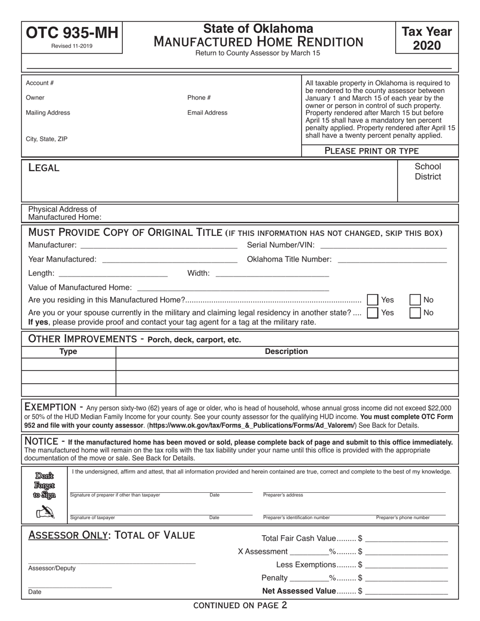 OTC Form 935-MH Manufactured Home Rendition - Oklahoma, Page 1