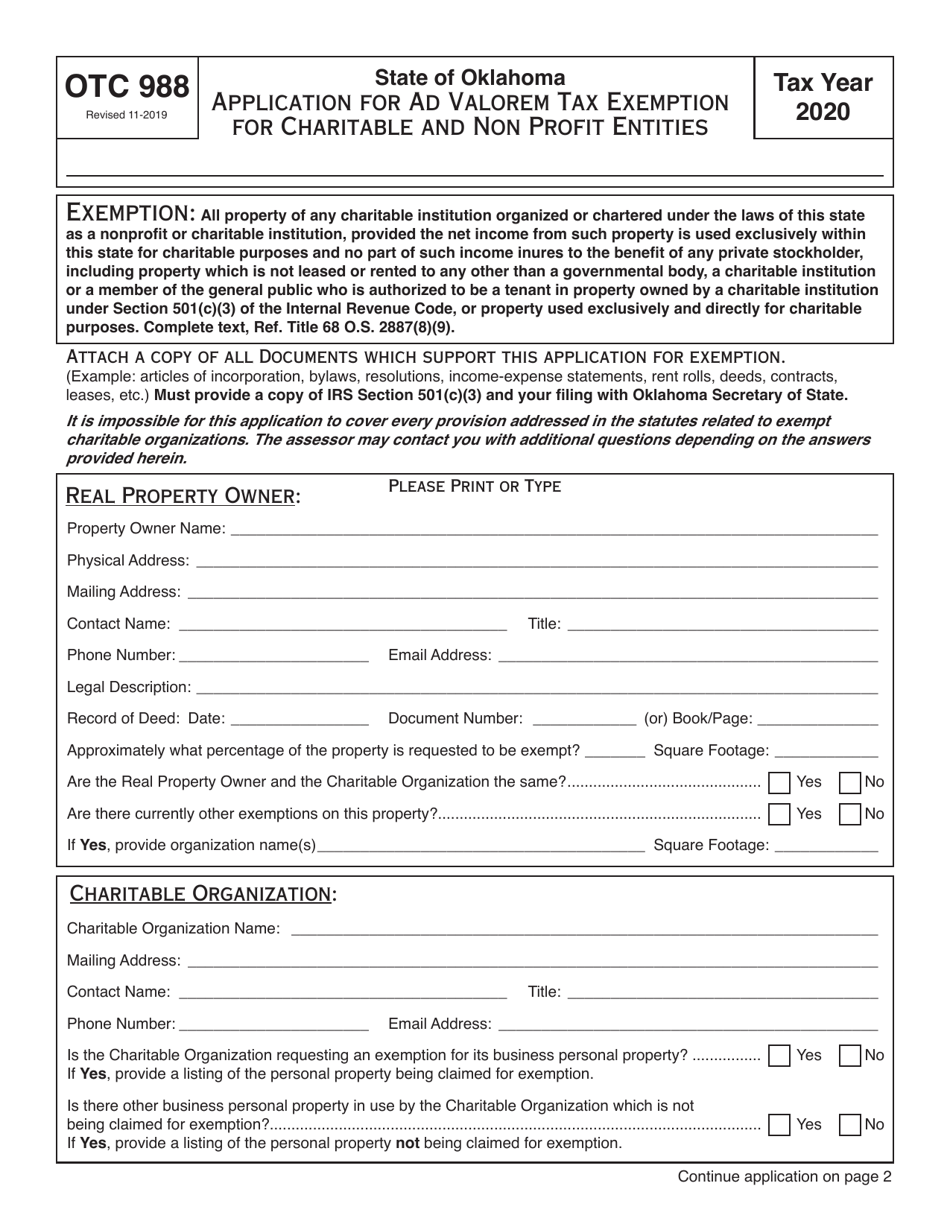 OTC Form 988 Application for Ad Valorem Tax Exemption for Charitable and Non Profit Entities - Oklahoma, Page 1