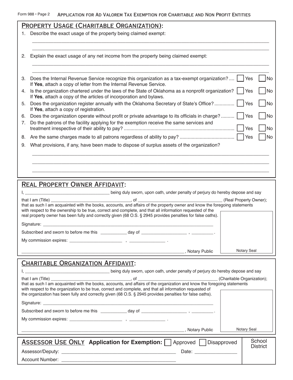 OTC Form 988 Application for Ad Valorem Tax Exemption for Charitable and Non Profit Entities - Oklahoma, Page 2